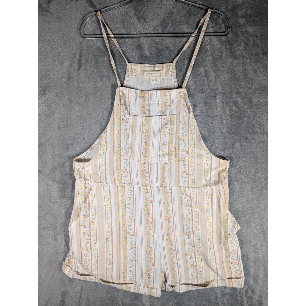 No Comment NY LA Floral Stripe Shortalls Bib Overalls Cream Womens Size Large